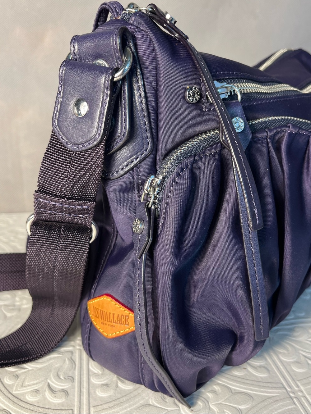 MZ Wallace Paige Bedford Nylon Crossbody Bag Eggplant Purple Silver Hardware - Picture 5 of 10